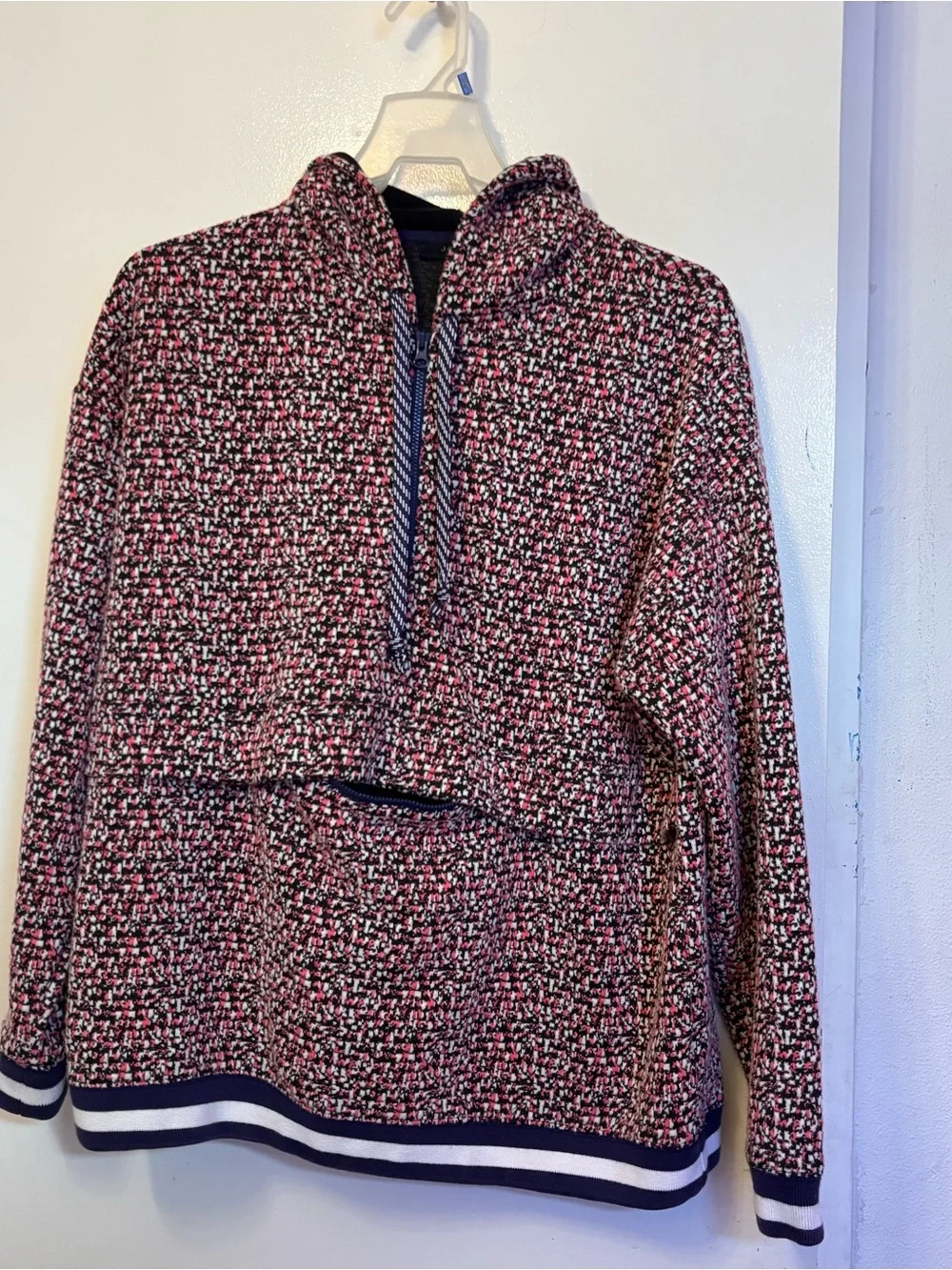 J. Crew Pink, Black & White Knit pull over Sweater Hoodie with zipper